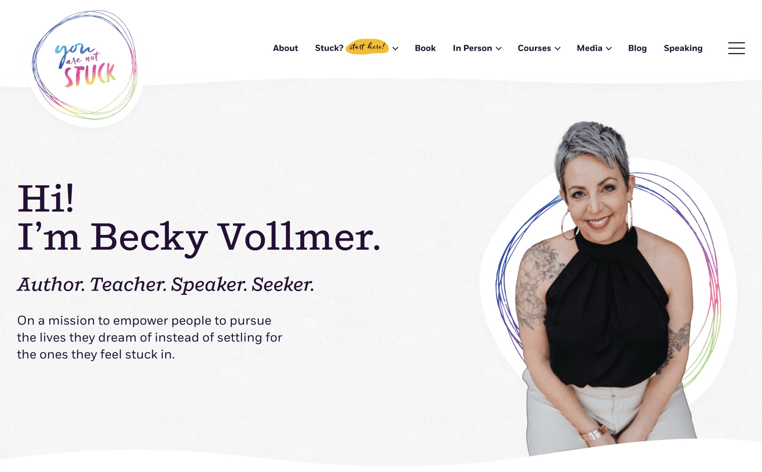 Screenshot of You Are Not Stuck homepage hero featuring a photo of Becky Vollmer