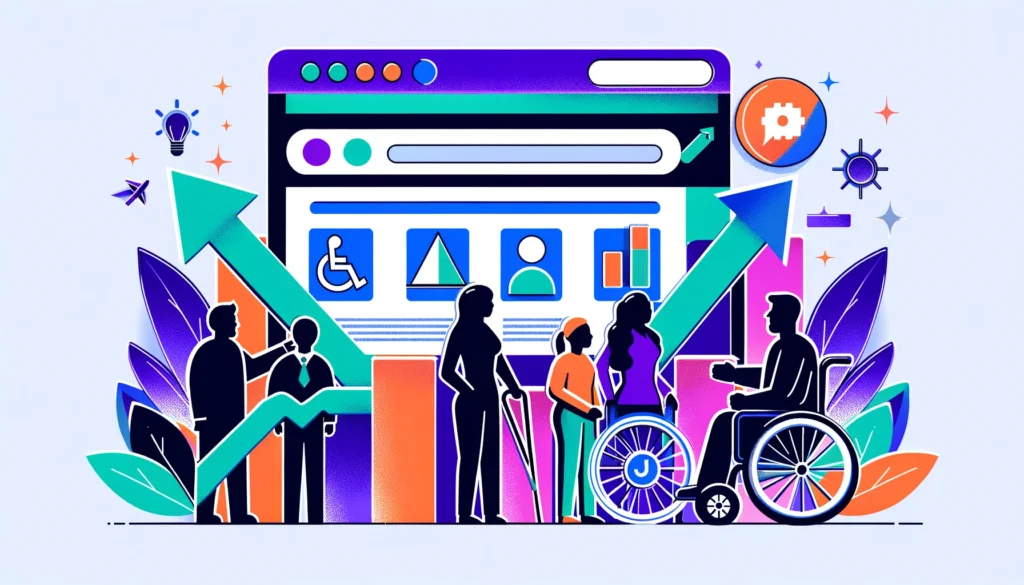 An illustration showing a diverse group of individuals, including a person in a wheelchair and another with a cane, engaging with a large computer screen displaying accessibility icons. Next to them is an ascending line graph, indicating the positive correlation between web accessibility and SEO growth. The design features a modern, digital style with a color palette of purples, blues, oranges, and greens.