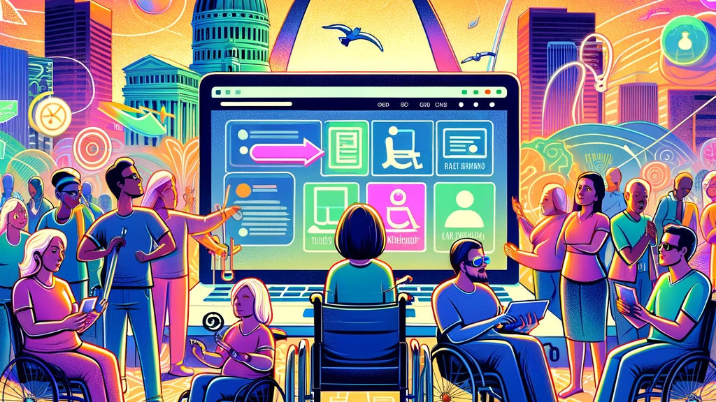 An illustrative representation of The Kestrel Co.'s commitment to digital inclusivity and ADA compliance, featuring a diverse group of individuals engaging with an accessible website on a laptop. The image highlights assistive technologies and a backdrop of St. Louis landmarks, emphasizing the importance of creating web experiences accessible to all users.