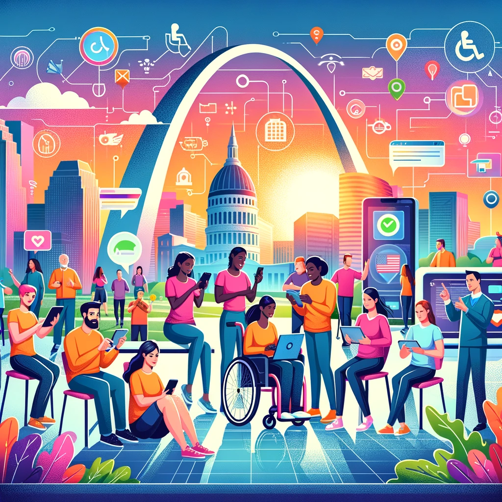 Vibrant illustration showcasing a diverse group of people, including individuals in wheelchairs, interacting with digital technology in a city park with the iconic Gateway Arch and St. Louis skyline in the background. The image features a bright color palette with oranges, pinks, purples, greens, and blues, emphasizing a community united by accessible technology.