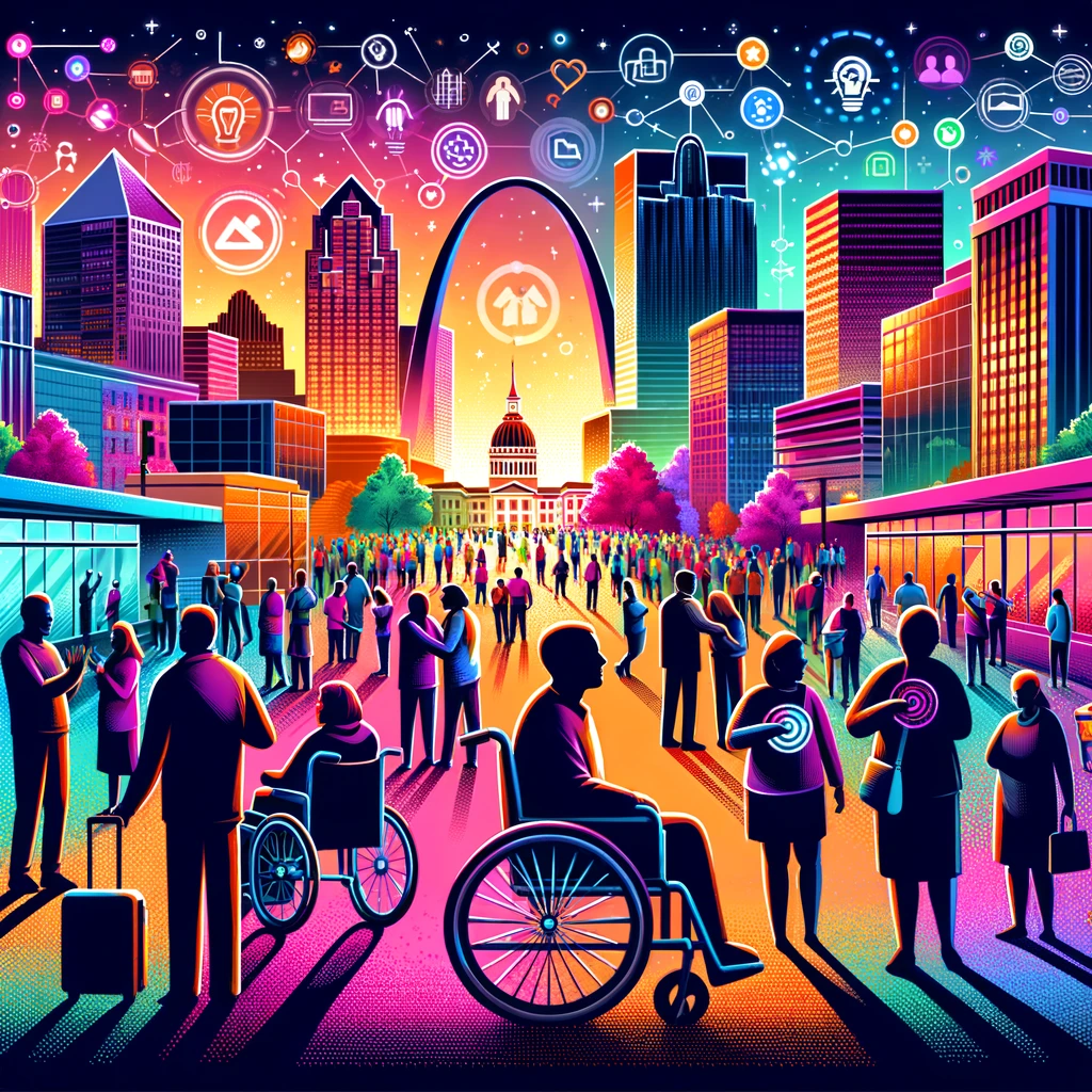 Energetic illustration of people from different backgrounds engaged with advanced technology amidst St. Louis landmarks. The Gateway Arch rises prominently in the dusk-lit scene, accented by neon digital icons, highlighting the fusion of community and technological advancement. The color scheme bursts with electric oranges, pinks, purples, greens, and blues, illustrating a cityscape pulsing with digital progress and inclusivity.